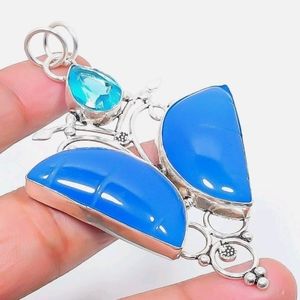 STERLING SILVER CHALCEDONY AND BLUE TOPAZ BUTTERFLY PENDANT